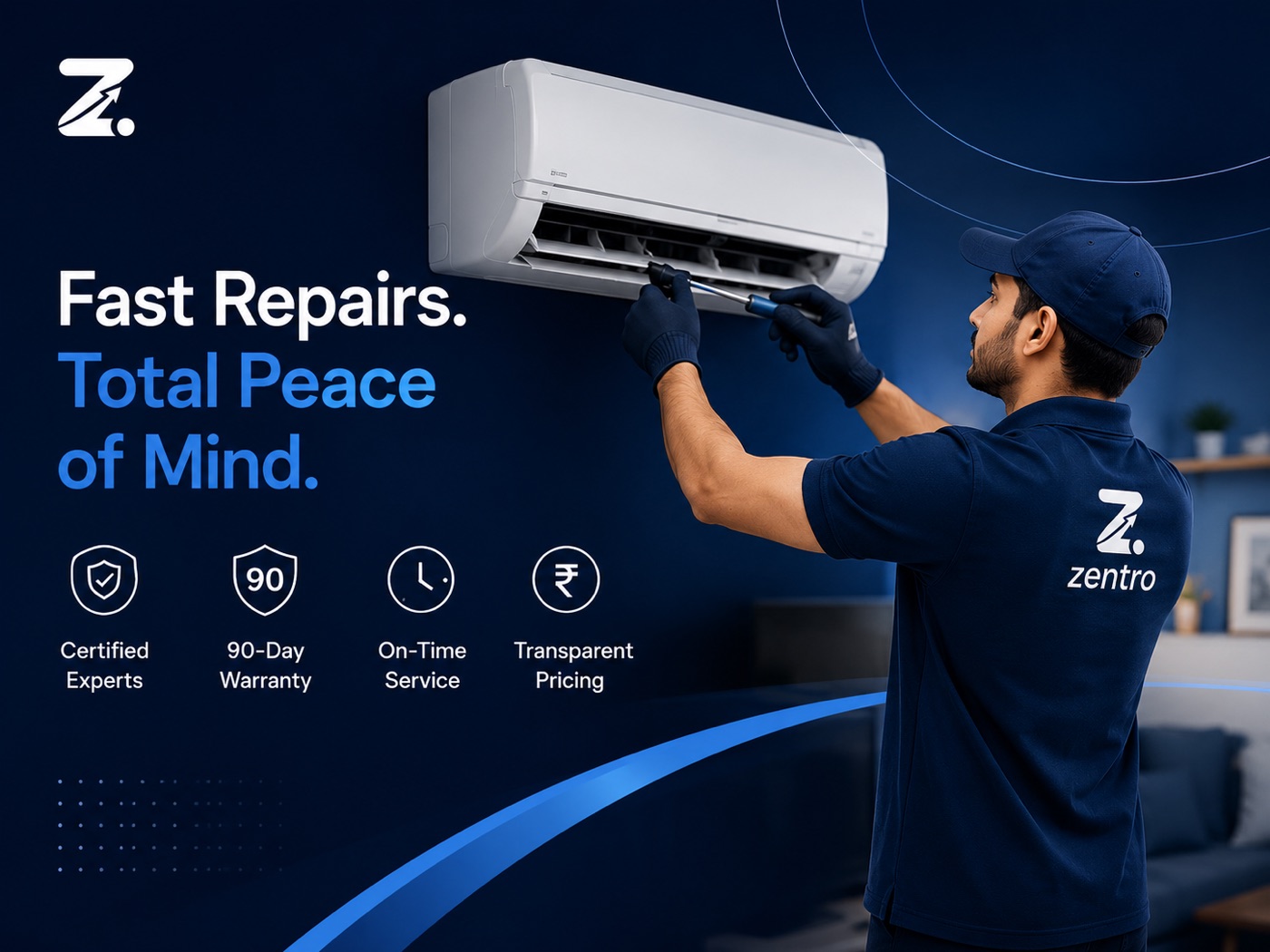A Zentro technician servicing a wall-mounted air conditioner